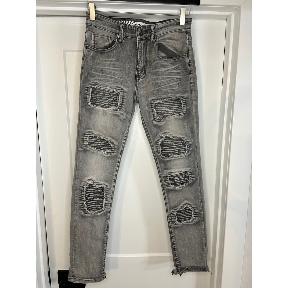 GSTR Mens Gray Distressed Moto Biker Jeans Ribbed Panels Slim Fit 30x30 Grunge
